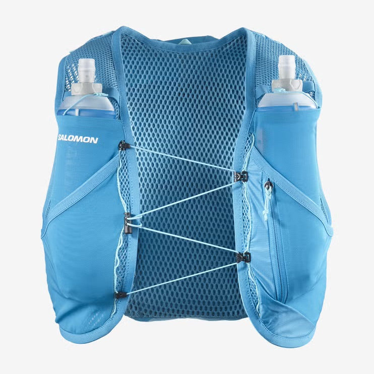 Blue Salomon running vest with two water bottles on a white background