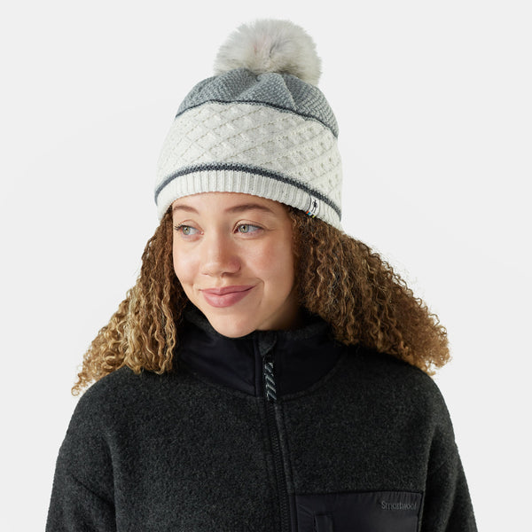 Smart Wool Cable Knit Colorblock Pom Beanie