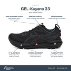 Women's ASICS Gel Kayano 33 Black/Black Black-Black features