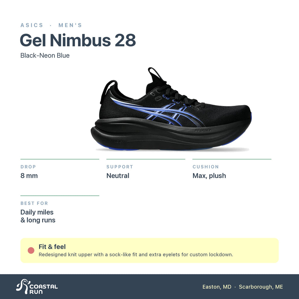 Men's ASICS Gel Nimbus 28 Black-Neon Blue specs