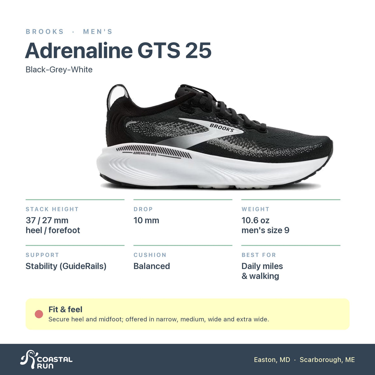Men's Brooks Adrenaline GTS 25 Black-Grey-White specs