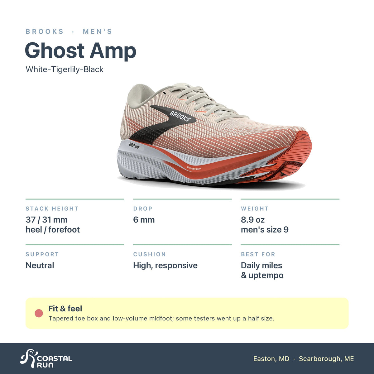 Men's Brooks Ghost Amp White-Tigerlily-Black specs