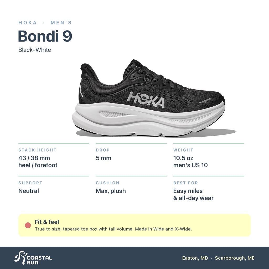 Men's HOKA Bondi 9 Black-White specs