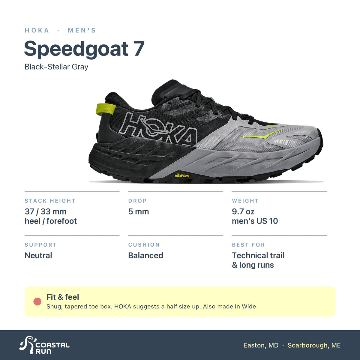 Men's HOKA Speedgoat 7 Black-Stellar Gray specs
