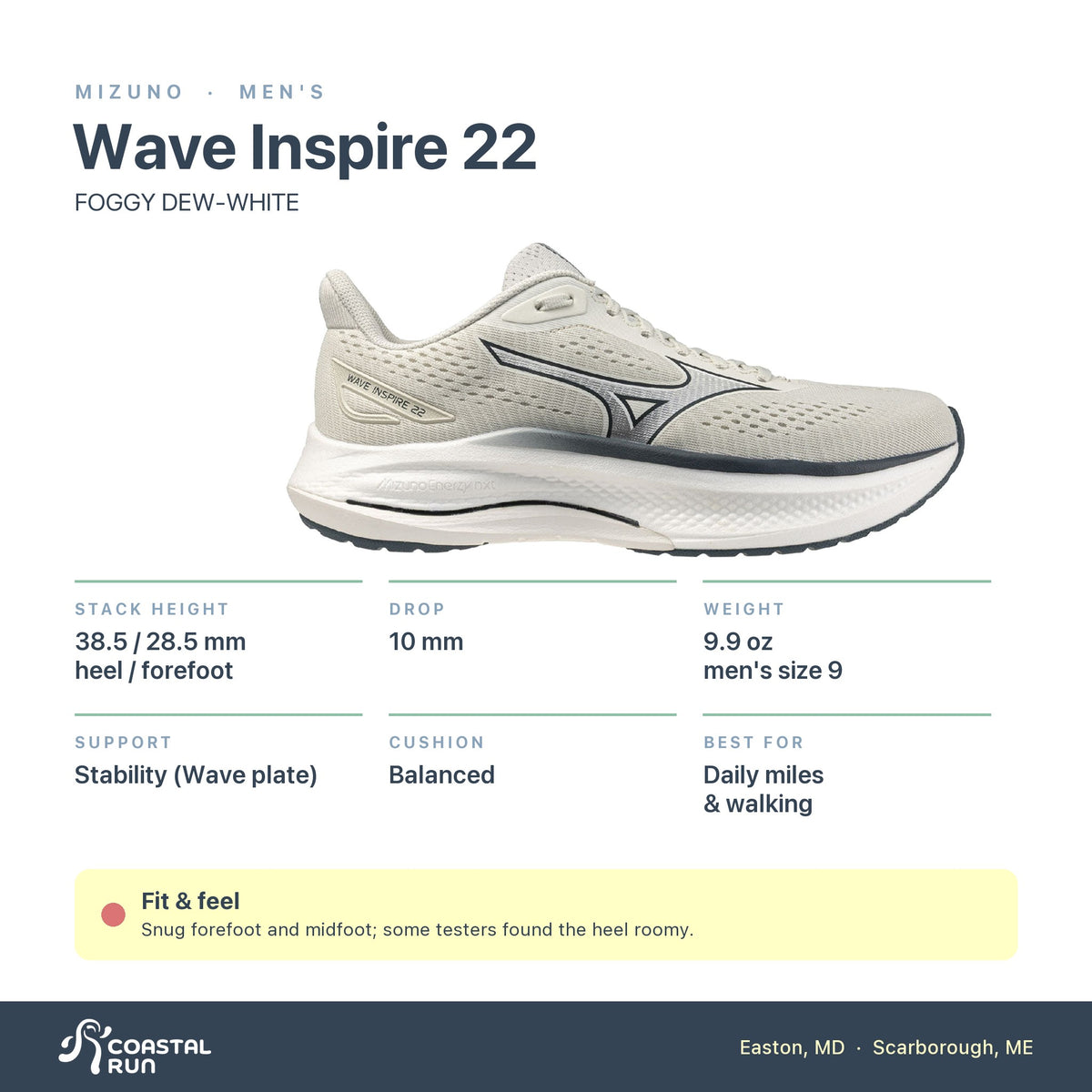 Men's Mizuno Wave Inspire 22 FOGGY DEW-WHITE specs