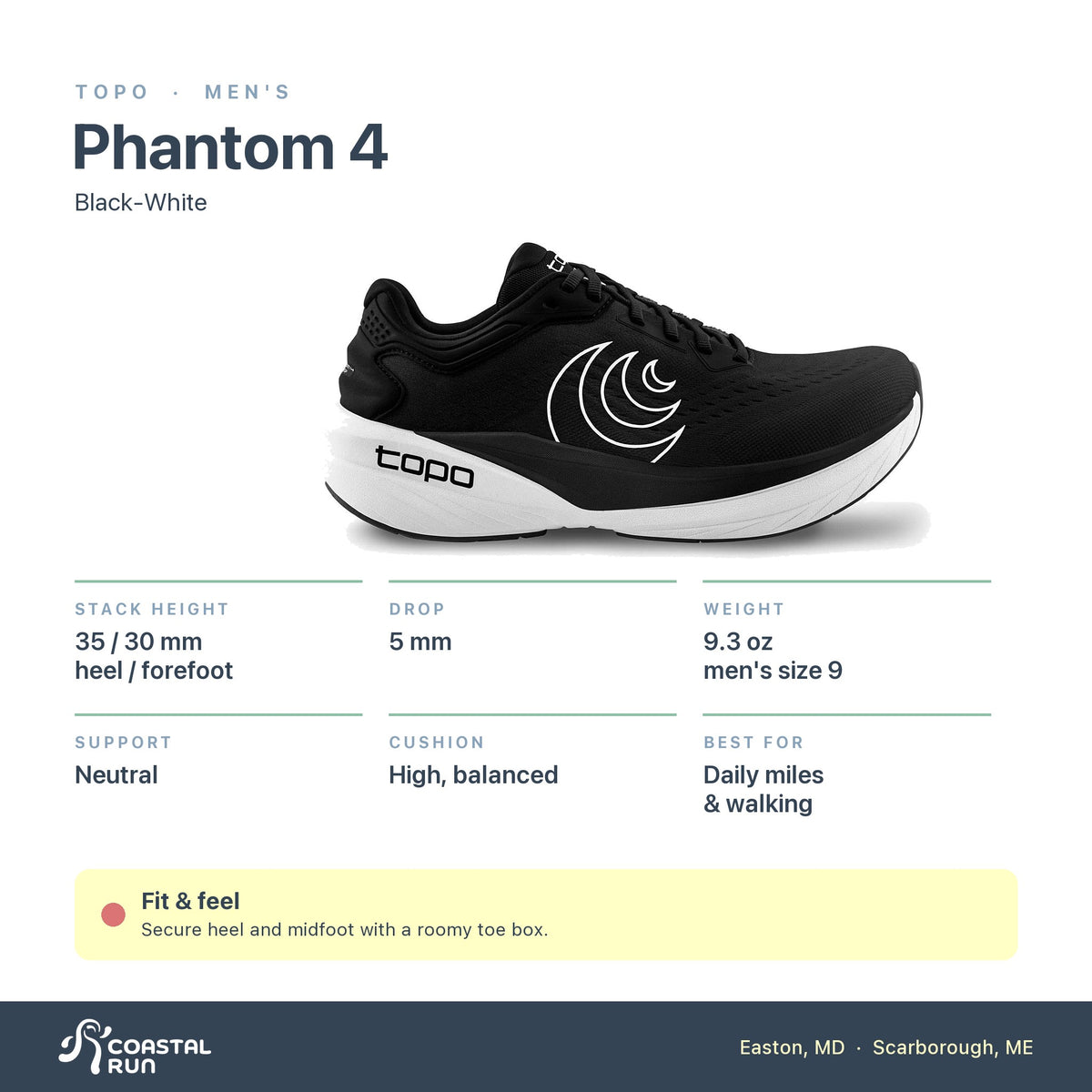 Men's Topo Phantom 4 Black-White specs