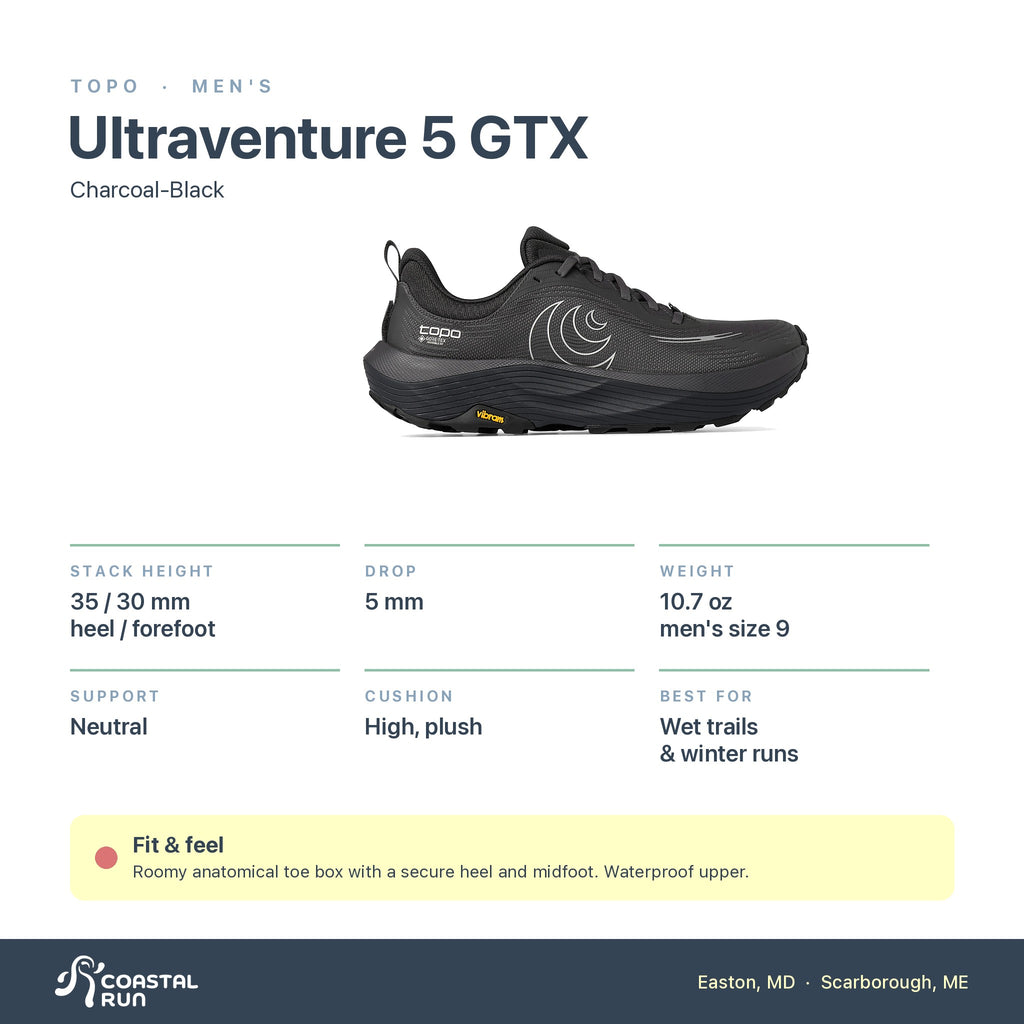 Men's Topo Ultraventure 5 GTX Charcoal-Black specs