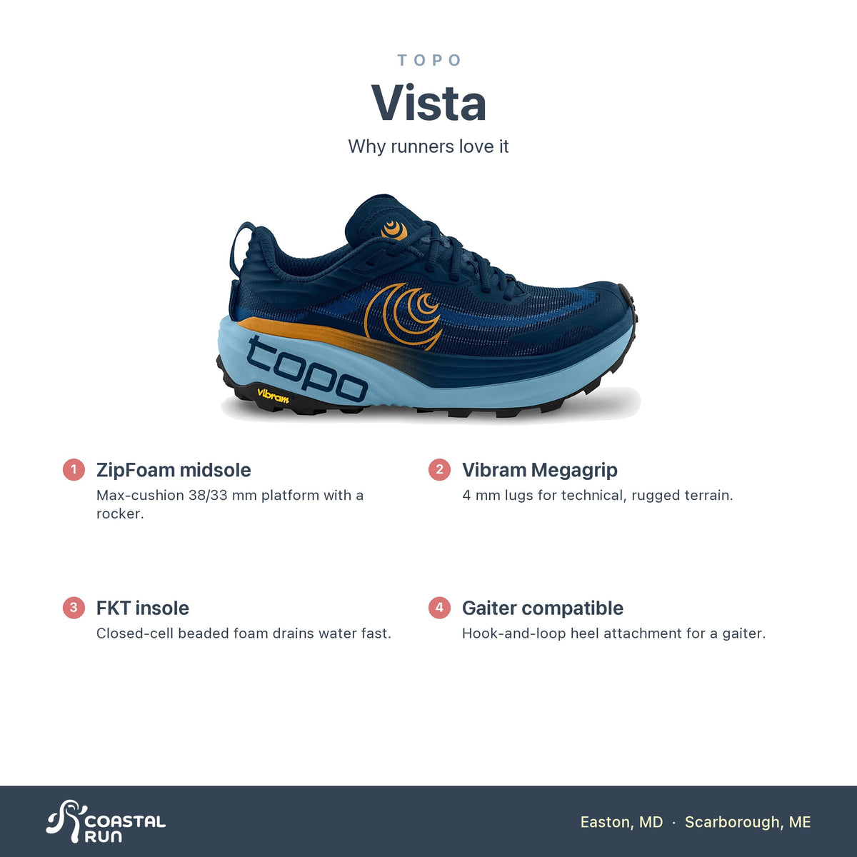 Men's Topo Vista Navy-Orange features