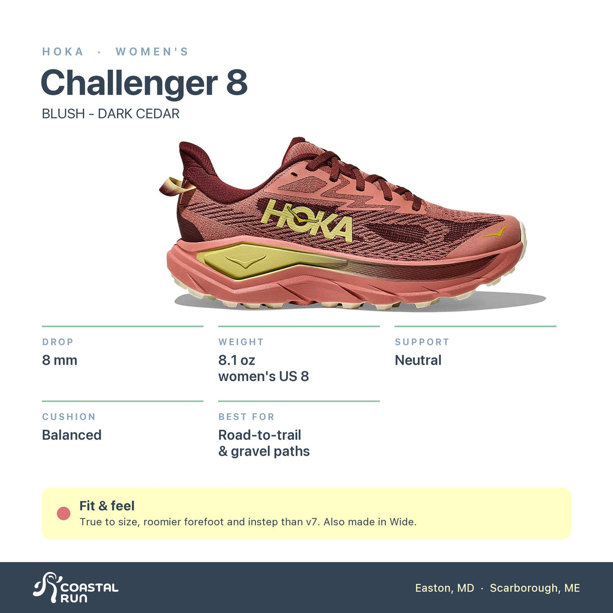 Women's HOKA Challenger 8 BLUSH - DARK CEDAR specs