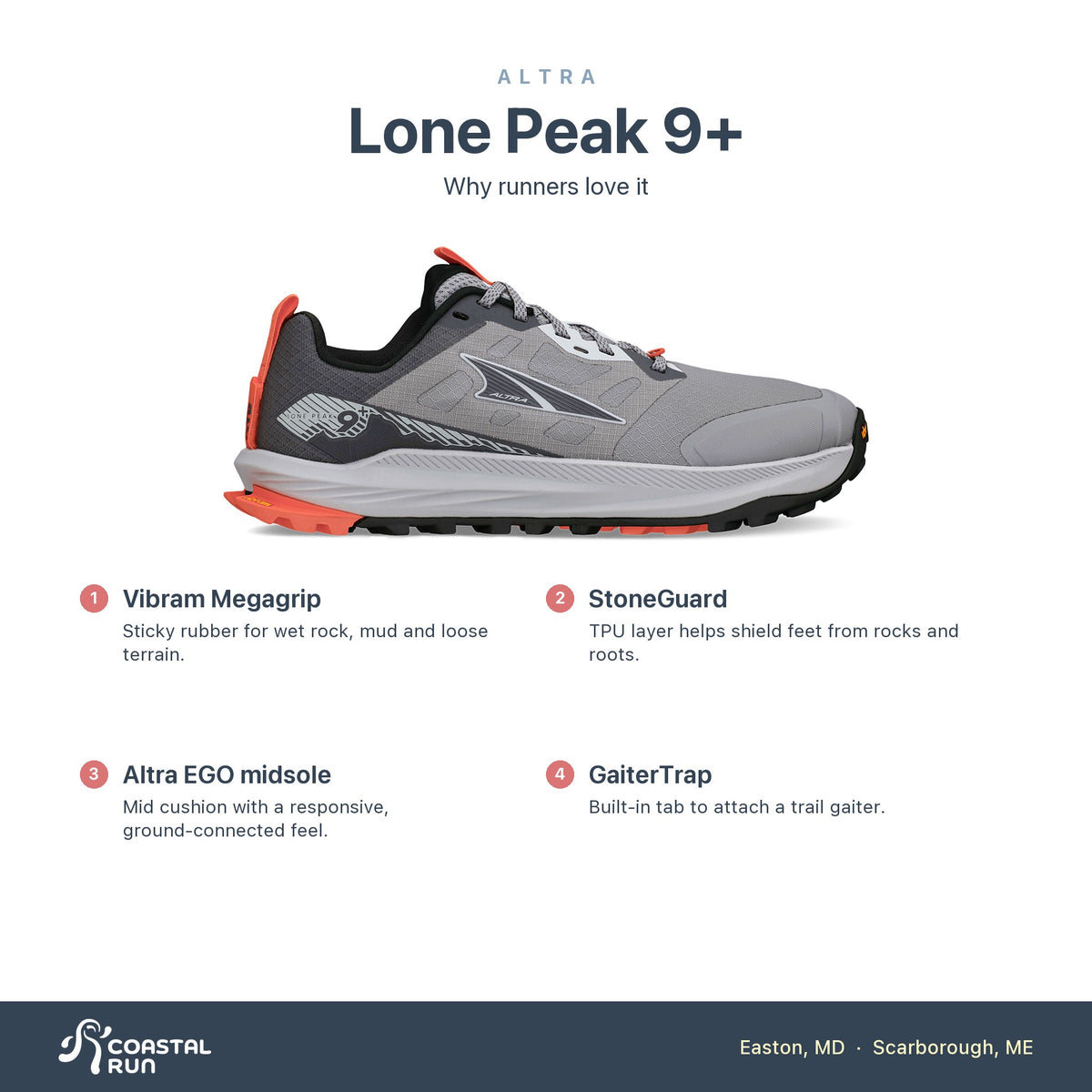 Women's Altra Lone Peak 9+ Gray-Orange features