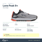Women's Altra Lone Peak 9+ Gray-Orange specs
