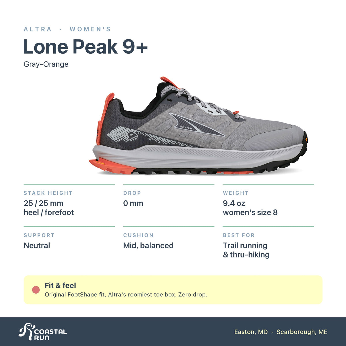 Women's Altra Lone Peak 9+ Gray-Orange specs