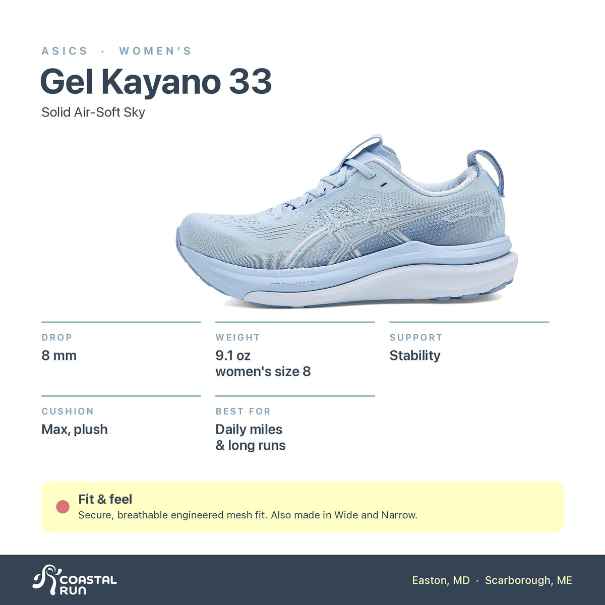 Women's ASICS Gel Kayano 33 Solid Air-Soft Sky specs