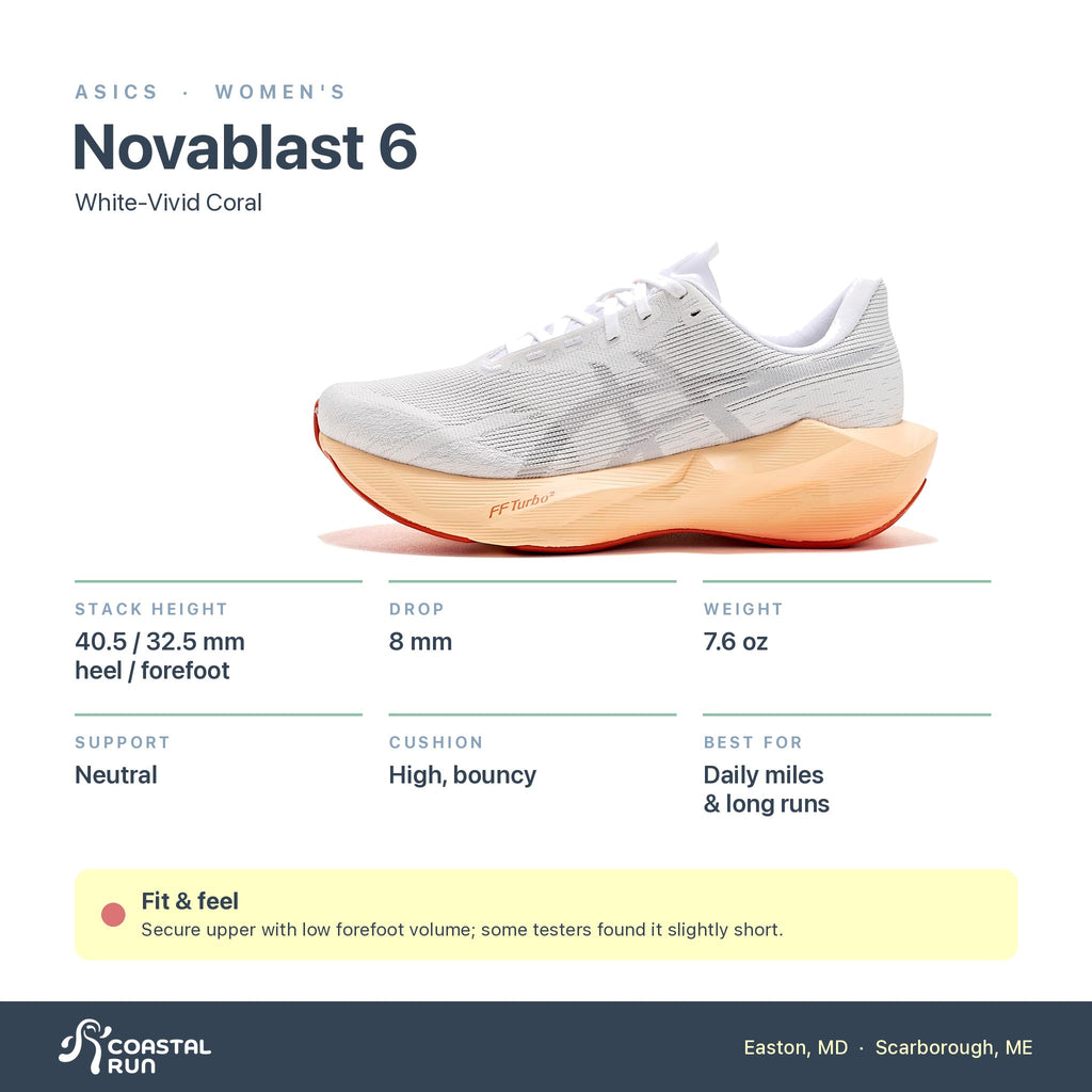 Women's ASICS Novablast 6 White-Vivid Coral specs
