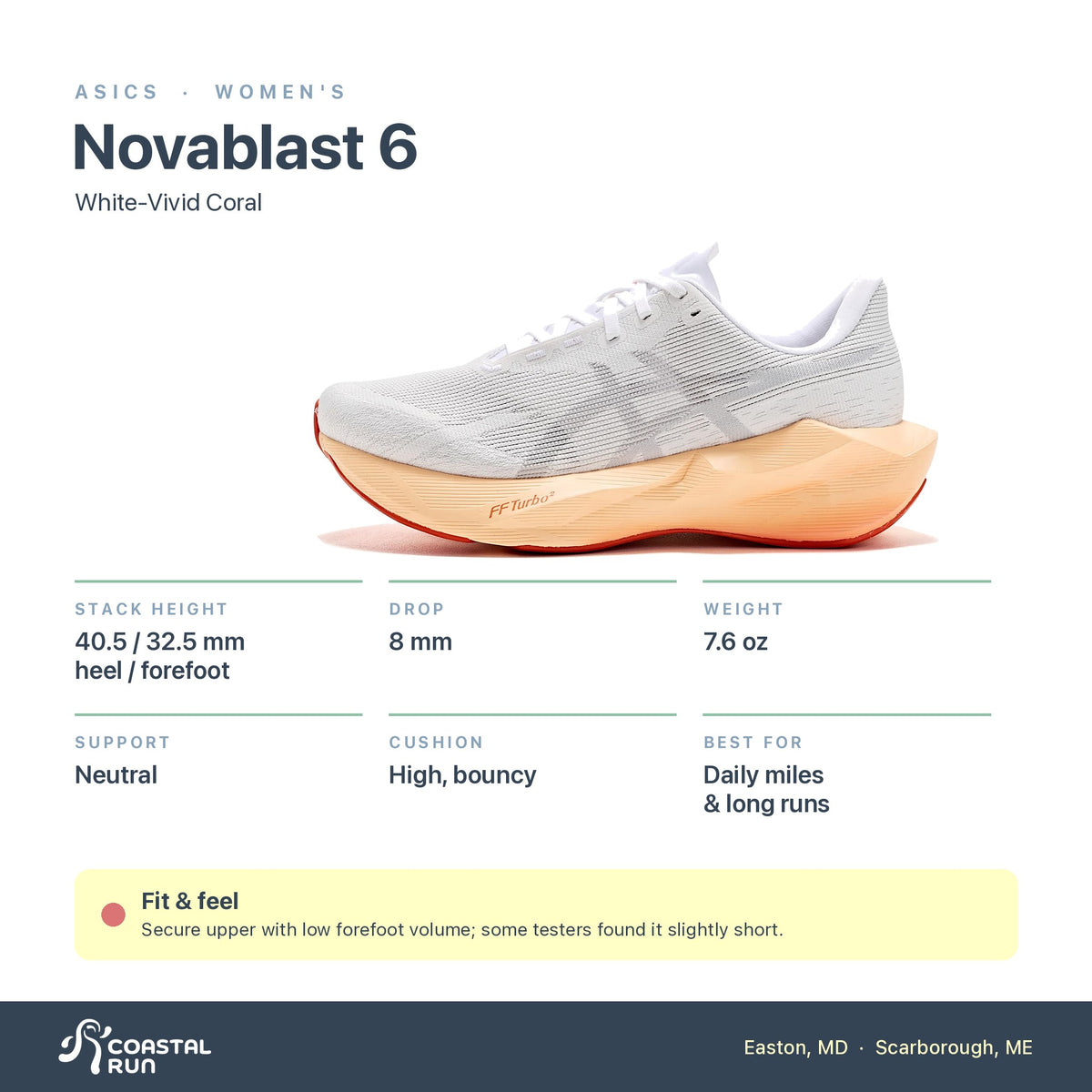 Women's ASICS Novablast 6 White-Vivid Coral specs