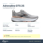 Women's Brooks Adrenaline GTS 25 Grey-Blackened Pearl-Coral specs