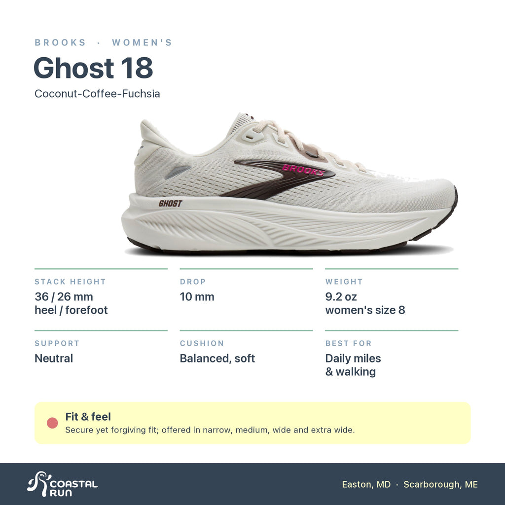 Women's Brooks Ghost 18 Coconut-Coffee-Fuchsia specs