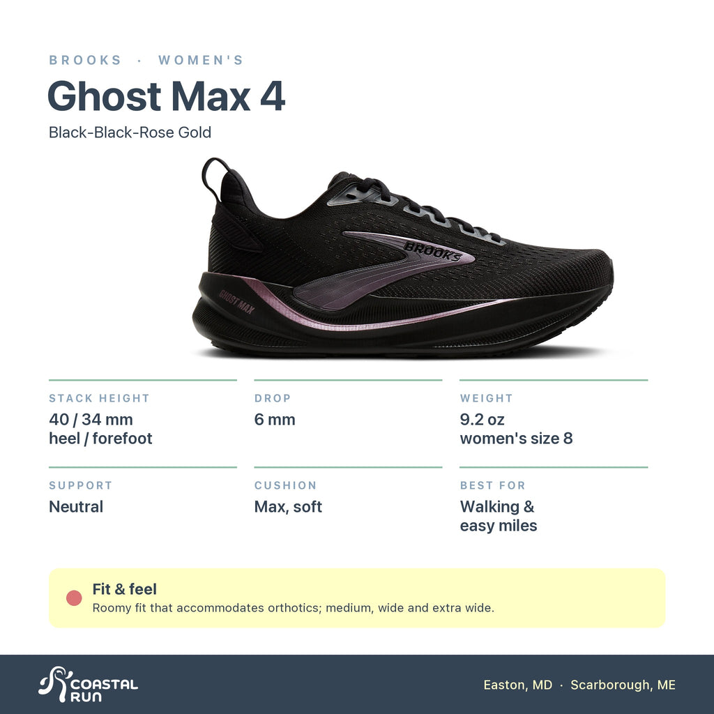 Women's Brooks Ghost Max 4 Black-Black-Rose Gold specs