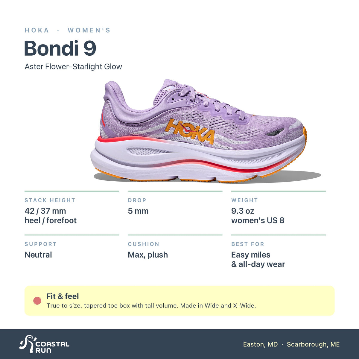 Women's HOKA Bondi 9 Aster Flower-Starlight Glow specs