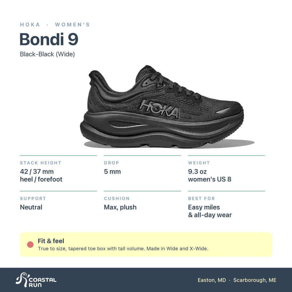 Women's HOKA Bondi 9 Black-Black (Wide) specs