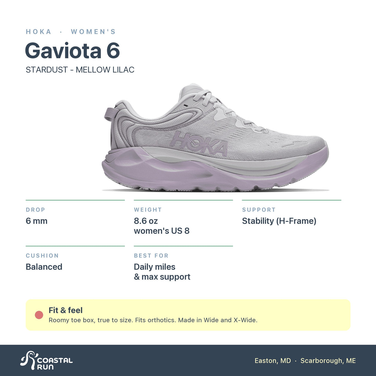 Women's HOKA Gaviota 6 STARDUST - MELLOW LILAC specs