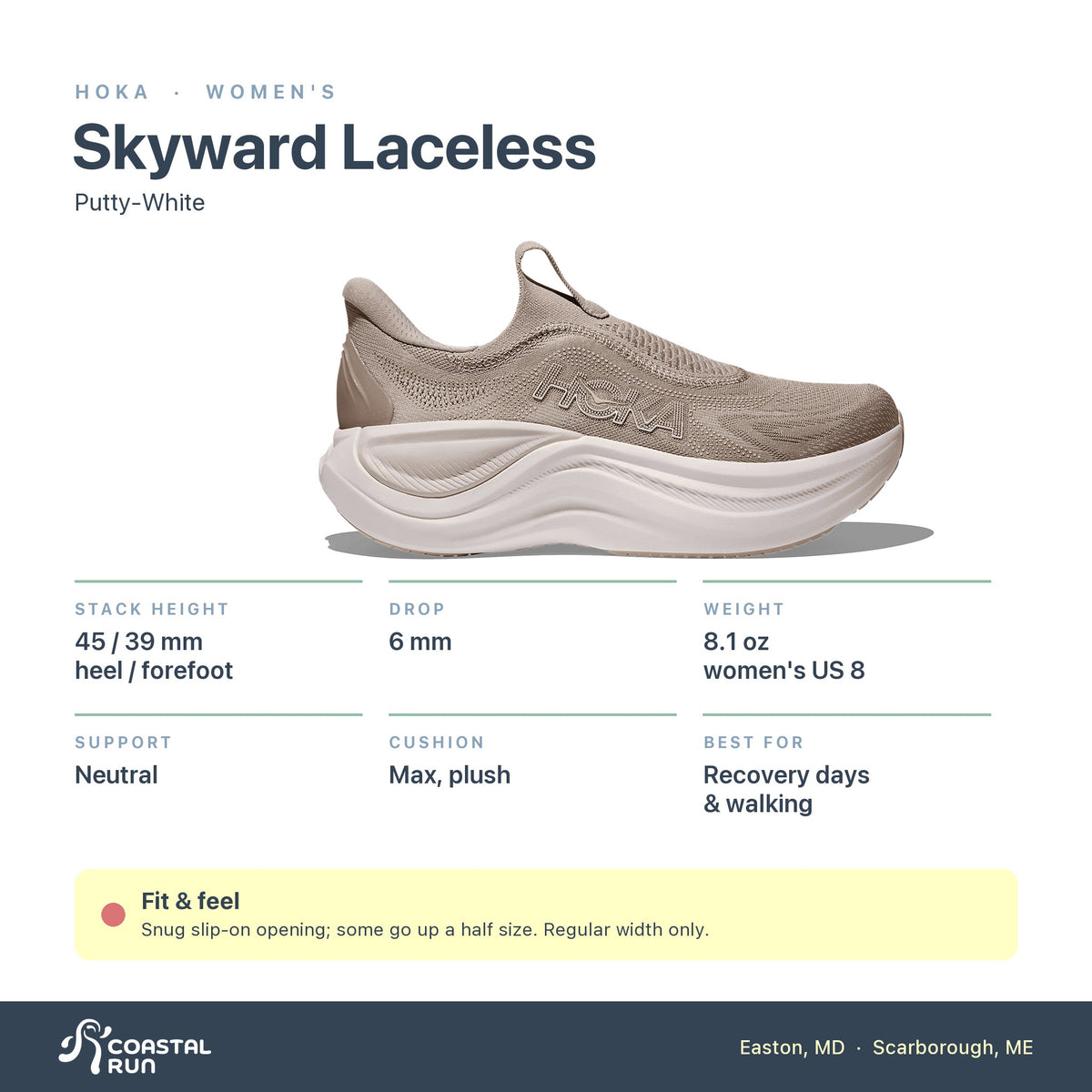 Women's HOKA Skyward Laceless Putty-White specs