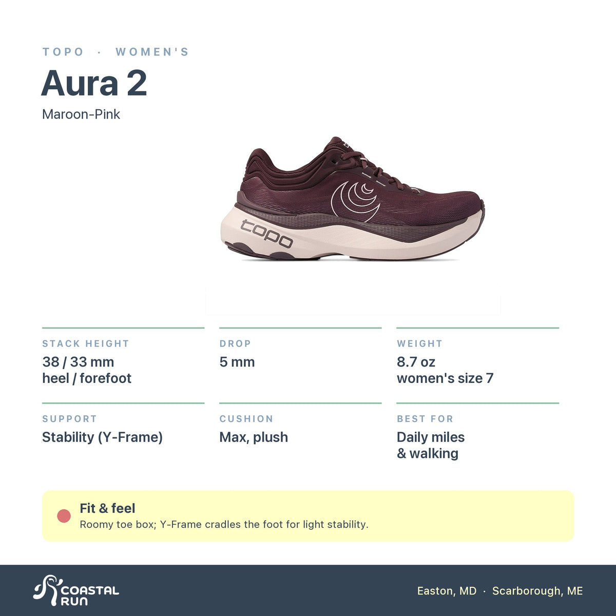 Women's Topo Aura 2 Maroon-Pink specs