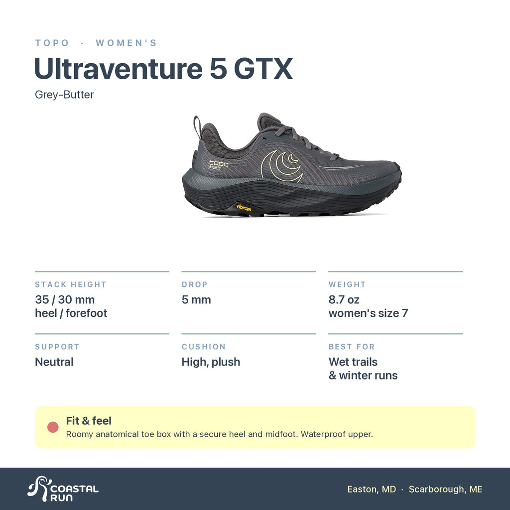 Women's Topo Ultraventure 5 GTX Grey-Butter specs